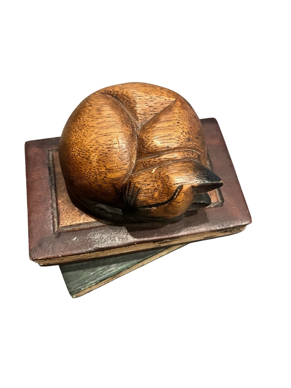 Carved Wooden Cat On Books Folk Art Thailand
